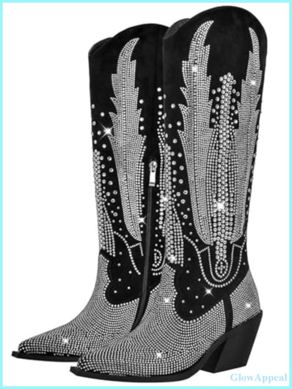 Knee High Rhinestone Cowboy Boots Pointed Toe Chunky Heel Pull On